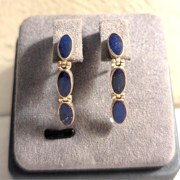 VTG Sterling Silver Lapis Lazuli Inlay Hinged Articulated Dangle Post Earrings - Picture 1 of 5
